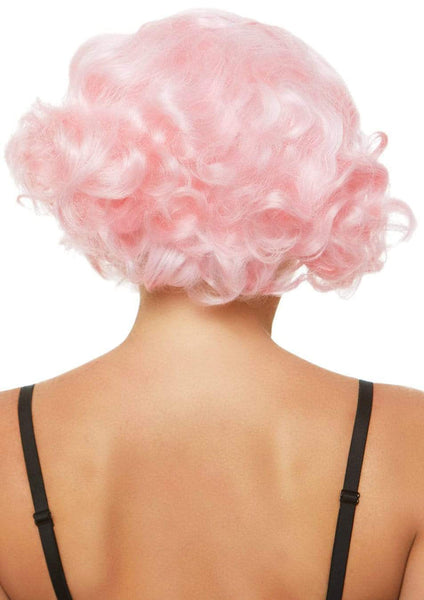 curly pink bob wig shown back view on model