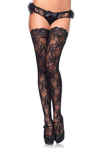 black sheer net floral lace pattern thigh high stockings, shown on model