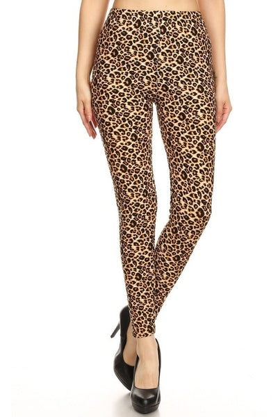 high-waisted brushed fiber stretch knit leggings in leopard print, shown on model