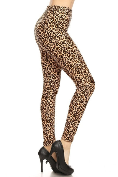 high-waisted brushed fiber stretch knit leggings in leopard print, shown side view on model