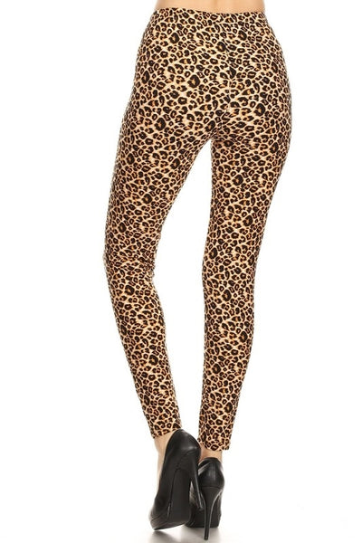 high-waisted brushed fiber stretch knit leggings in leopard print, shown back view on model