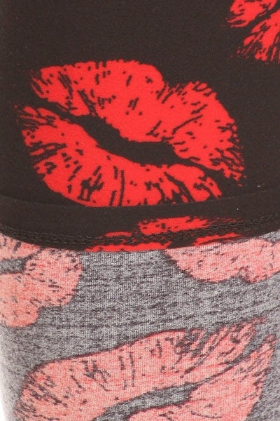 high-waisted brushed fiber stretch knit black leggings with allover red lipstick kiss print, shown up close with view of reverse