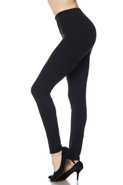 high-waisted brushed fiber stretch knit leggings in basic black, shown side view  on model