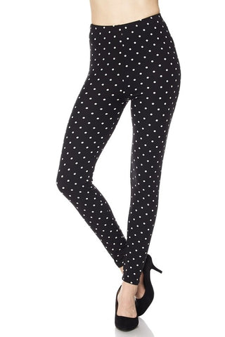 image_14690stretch knit high-waist leggings in back with white polka dot print, shown on model