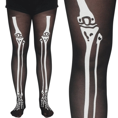 paque black nylon tights with printed white skeleton bones print on the front