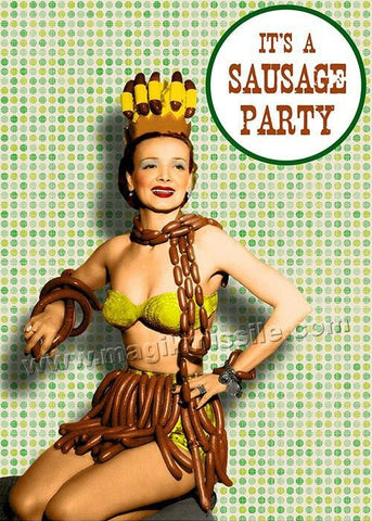 "It's a Sausage Party!" text with sassy retro gal wearing sausage links outfit photo image on 5" x 7" greeting card