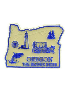 flexible 2" state-shaped Oregon souvenir magnet in white with metallic blue state attraction details