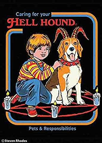 Steven Rhodes Sinister 70s "Caring for your HELL HOUND" Pets & Responsibilities book cover style illustrated 2.5" x 3.5" rectangular refrigerator magnet