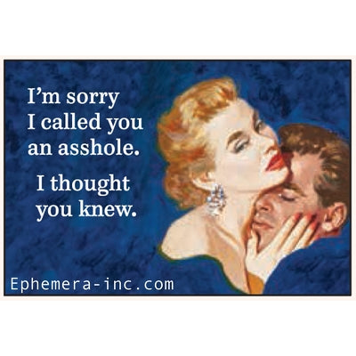 "I'm sorry I called you an asshole. I thought you knew." text next to retro couple illustration rectangular refrigerator magnet