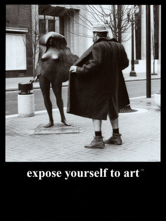 "Expose Yourself to Art" text below 1978 photograph of Portland, Oregon's mayor, Bud Clark, flashing Norman J. Taylor's Kvinneakt sculpture 2.5" x 3.5" refrigerator magnet