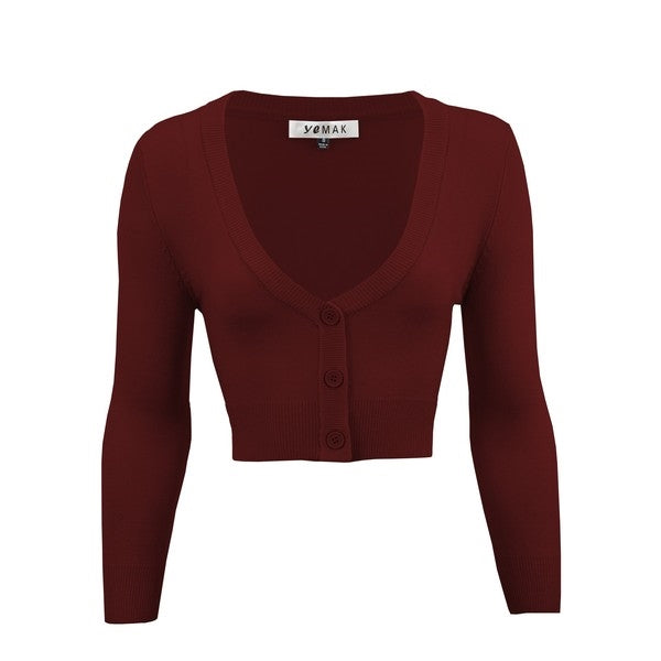 cropped length  3/4 sleeve 3-button v-neck cardigan in burgundy