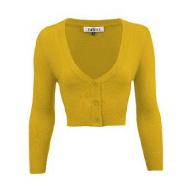 cropped length  3/4 sleeve 3-button v-neck cardigan in honey mustard yellow