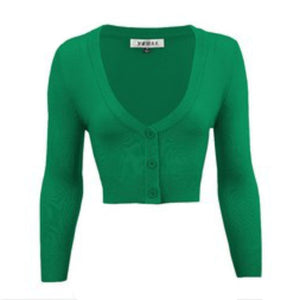 cropped length  3/4 sleeve 3-button v-neck cardigan in kelly green