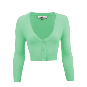 cropped length  3/4 sleeve 3-button v-neck cardigan in mint green