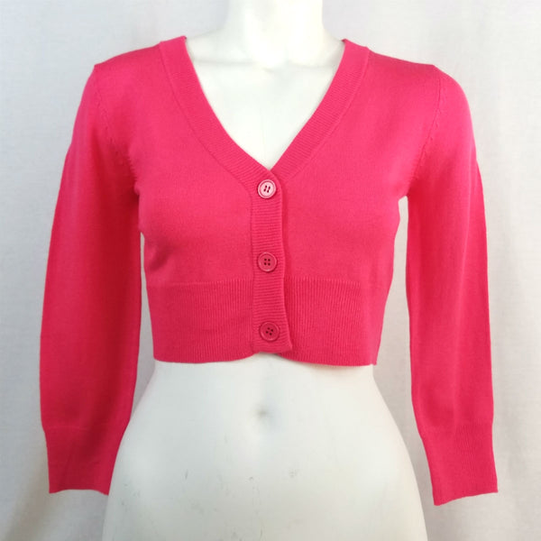 cropped length  3/4 sleeve 3-button v-neck cardigan in bright rose pink