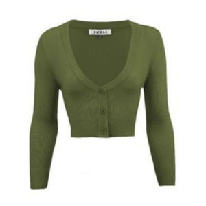 cropped length  3/4 sleeve 3-button v-neck cardigan in sage green