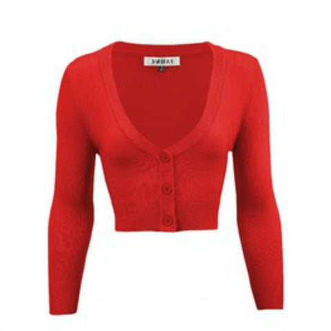 Cropped V-neck 3 Button Cardigan with 3/4 Sleeves in Bright Tomato Red