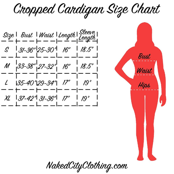"Cropped Cardigan Size Chart" info graphic