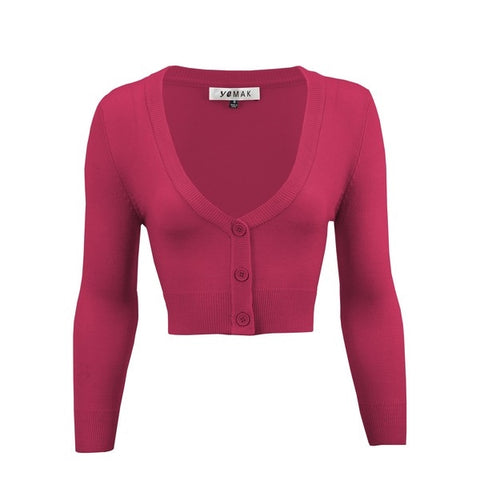 magenta pink cropped cardigan v-neck, 3/4 sleeves and three-button closure