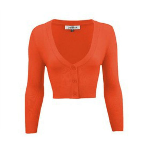 cropped length  3/4 sleeve 3-button v-neck cardigan in fiestaware orange