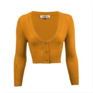 cropped length  3/4 sleeve 3-button v-neck cardigan in deep mustard yellow