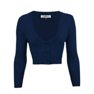cropped length  3/4 sleeve 3-button v-neck cardigan in dark navy blue