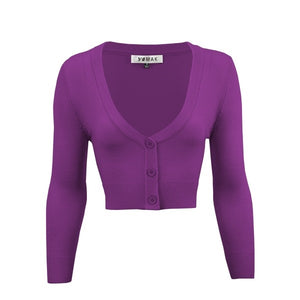 cropped length  3/4 sleeve 3-button v-neck cardigan in bright purple