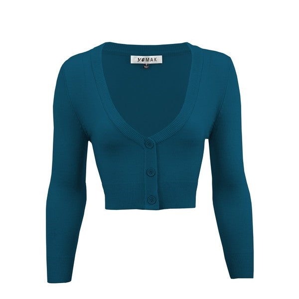 cropped length  3/4 sleeve 3-button v-neck cardigan in deep teal blue