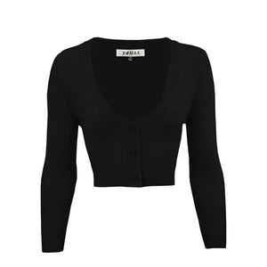 cropped length  3/4 sleeve 3-button v-neck cardigan in black