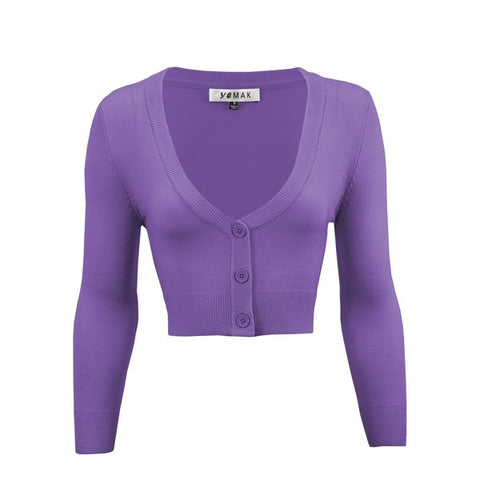 cropped length  3/4 sleeve 3-button v-neck cardigan in blueberry purple