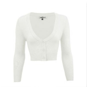 cropped length  3/4 sleeve 3-button v-neck cardigan in white