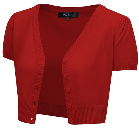 cropped length v-neck short puffed sleeve 5-button cardigan in red, shown unbuttoned