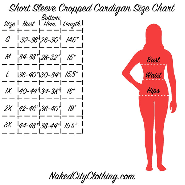 "Short Sleeve Cropped Cardigan Size Chart" info graphic