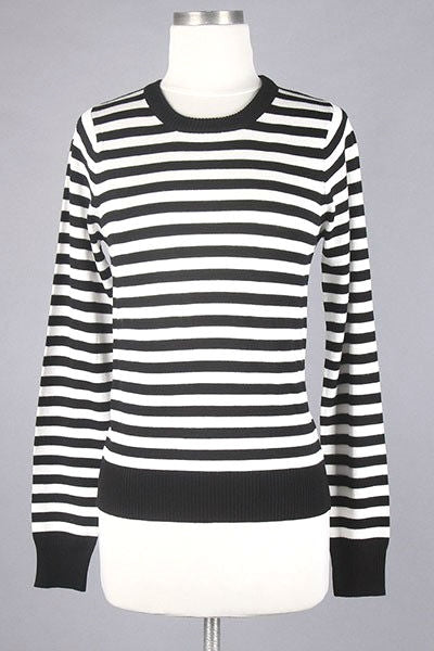 image_15083black and white stripe crew neck long sleeve fitted sweater, shown on mannequin