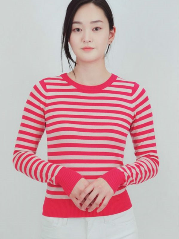 hot pink pale pink stripe crew neck long sleeve fitted sweater