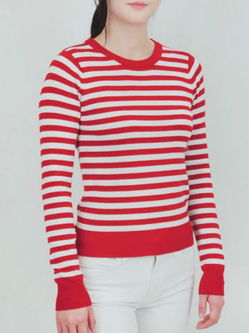 red white stripe crew neck long sleeve fitted sweater