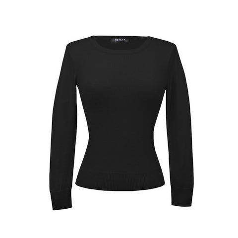 black fitted pullover sweater in a slightly cropped length with crew neck and 3/4 sleeves