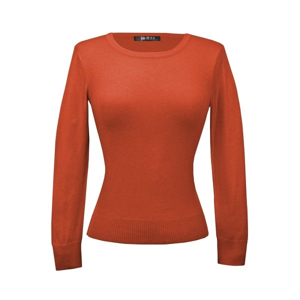 fitted pullover sweater in a slightly cropped length with crew neck and 3/4 sleeves in soft potter's clay orange