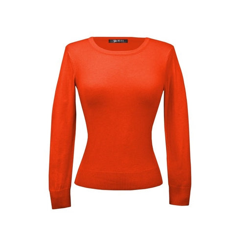 fitted pullover sweater in a slightly cropped length with crew neck and 3/4 sleeves in bright fiestaware orange
