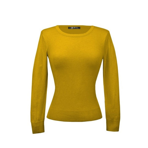 fitted pullover sweater in a slightly cropped length with crew neck and 3/4 sleeves in honey mustard yellow
