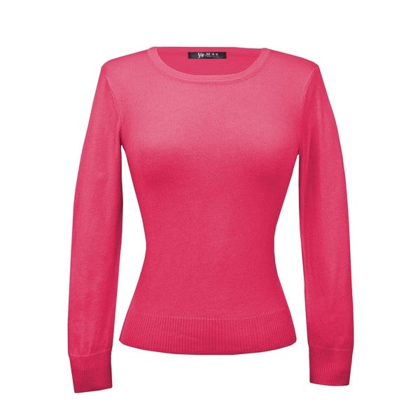 bright hot pink fitted pullover sweater in a slightly cropped length with crew neck and 3/4 sleeves