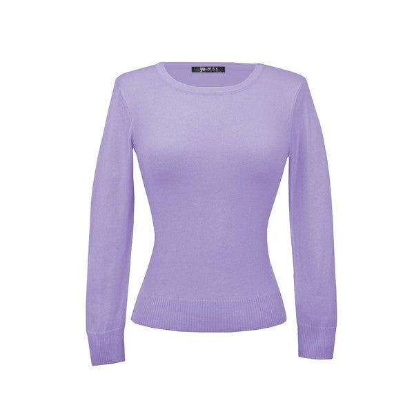 fitted pullover sweater in a slightly cropped length with crew neck and 3/4 sleeves in lilac purple