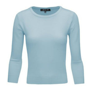 fitted pullover sweater in a slightly cropped length with crew neck and 3/4 sleeves in light baby blue