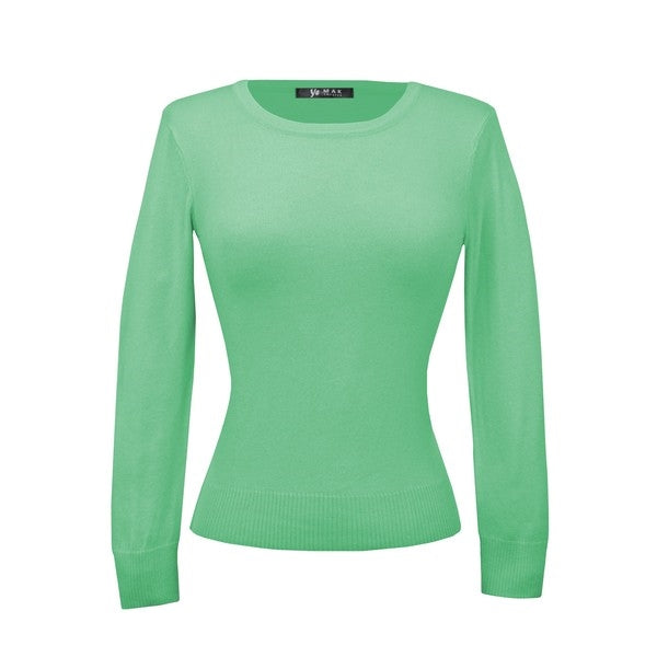 fitted pullover sweater in a slightly cropped length with crew neck and 3/4 sleeves in bright mint green