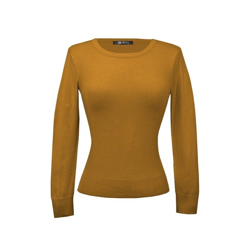 fitted pullover sweater in a slightly cropped length with crew neck and 3/4 sleeves in mustard yellow