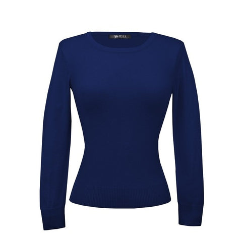 fitted pullover sweater in a slightly cropped length with crew neck and 3/4 sleeves in deep navy blue