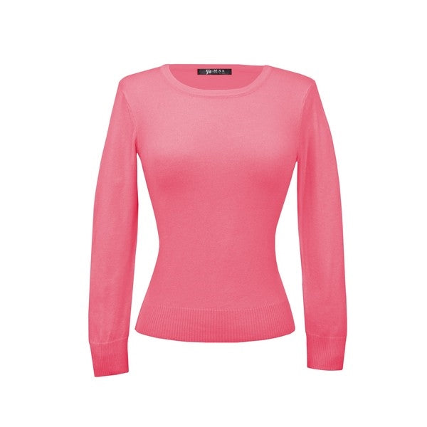 fitted pullover sweater in a slightly cropped length with crew neck and 3/4 sleeves in bubblegum pink