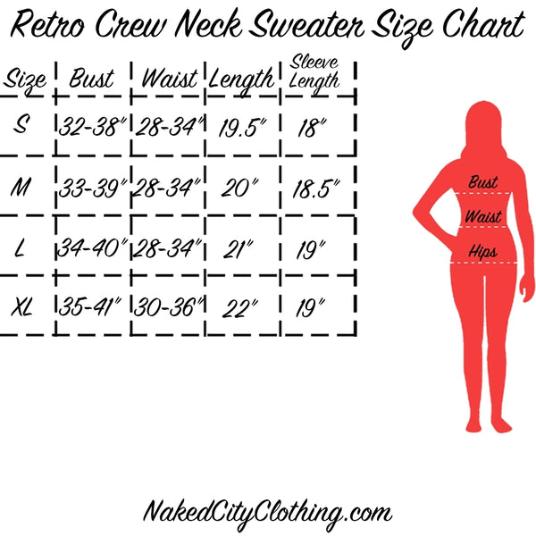 Retro Crew Neck Sweater Size Chart info graphic