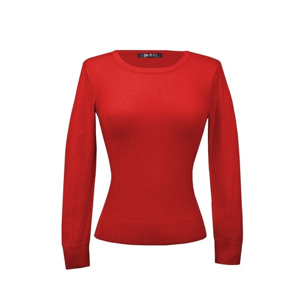tomato red fitted pullover sweater in a slightly cropped length with crew neck and 3/4 sleeves