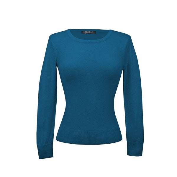 fitted pullover sweater in a slightly cropped length with crew neck and 3/4 sleeves in rich teal blue